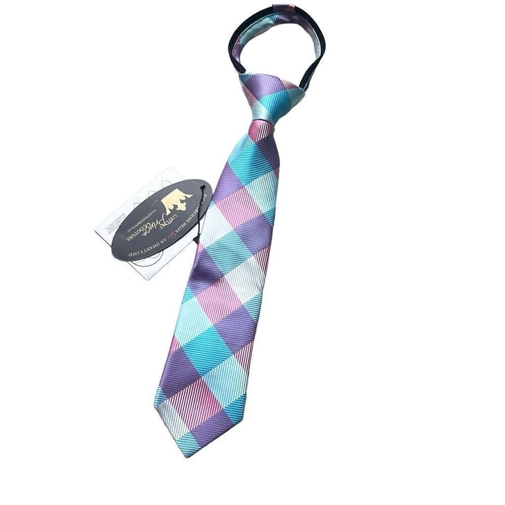 Littlest Prince Boys 2-5 year Blue Pink Gray‎ Plaid Zipper Tie Necktie NEW